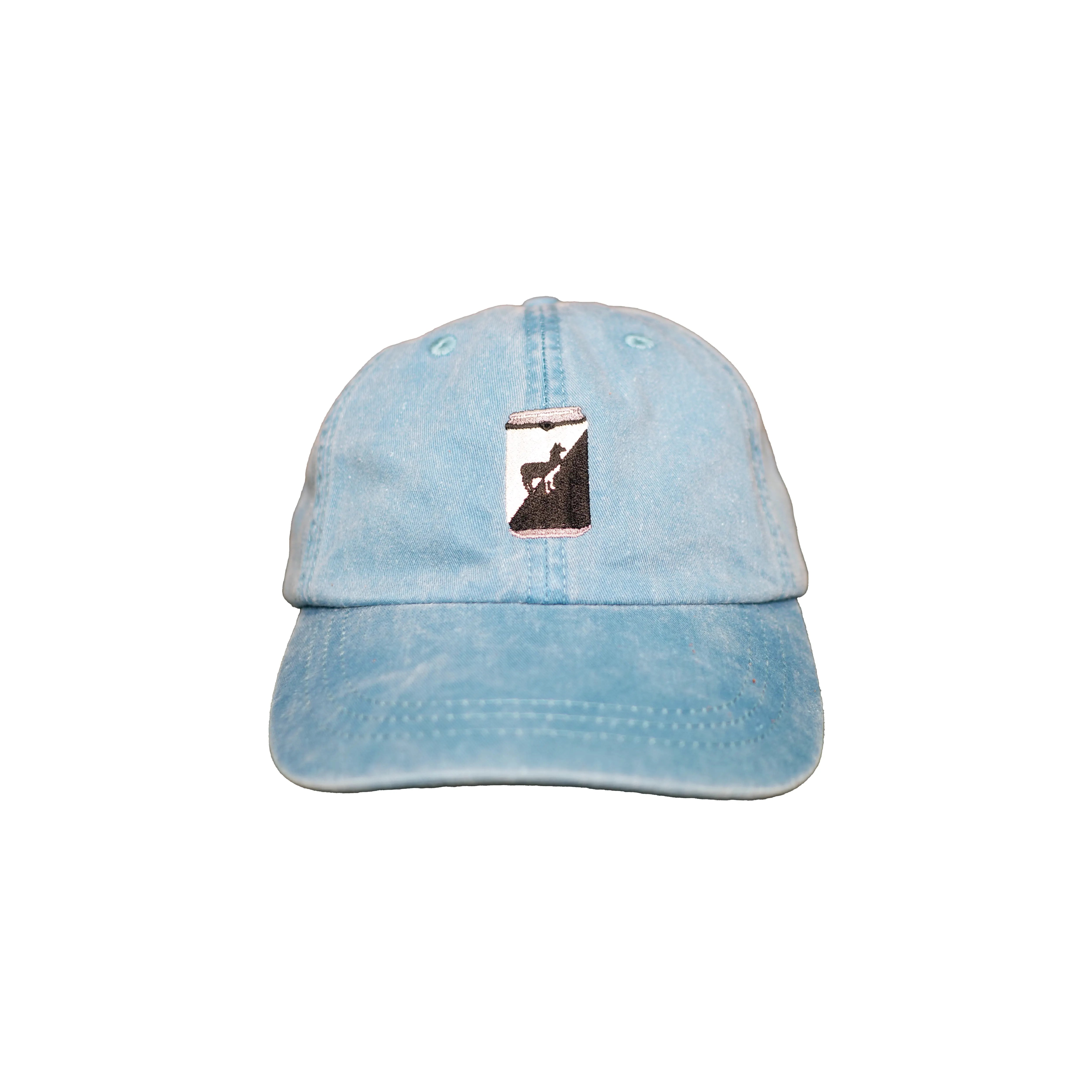 Image of teal dad hat with embroidered Punch can