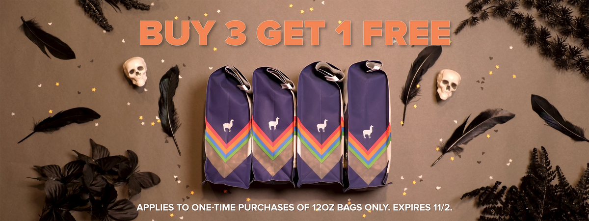 Graphic image of Buy 3 Get 1 Free sale with 4 coffee bags and Halloween themed decor
