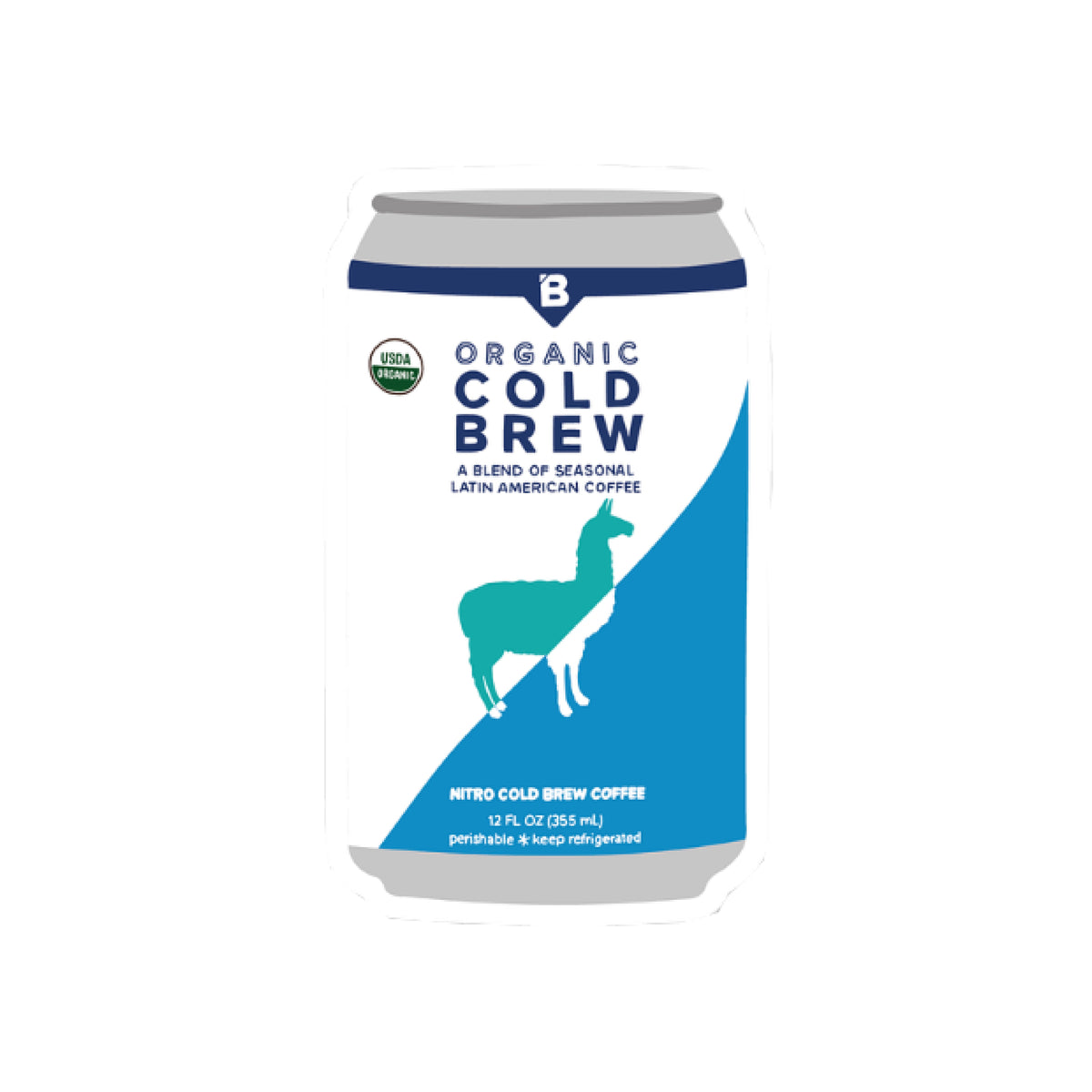 Image of Organic Cold Brew coffee sticker, featuring a white and blue label with a teal llama graphic, set against a plain white background.