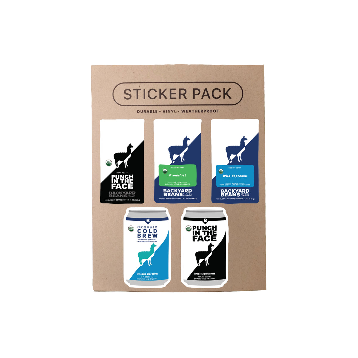 A kraft paper packaging card labeled 'STICKER PACK' showing five sample waterproof label designs coffee bags and cold brew cans, on a plain white background.