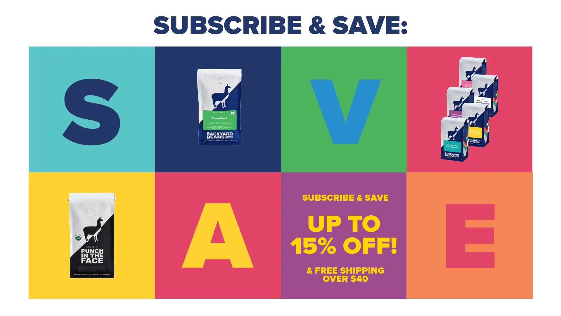 Backyard Beans Coffee Co. Subscribe & Save promo — colorful grid with coffee bags and bold text offering up to 15% off and free shipping over $40.