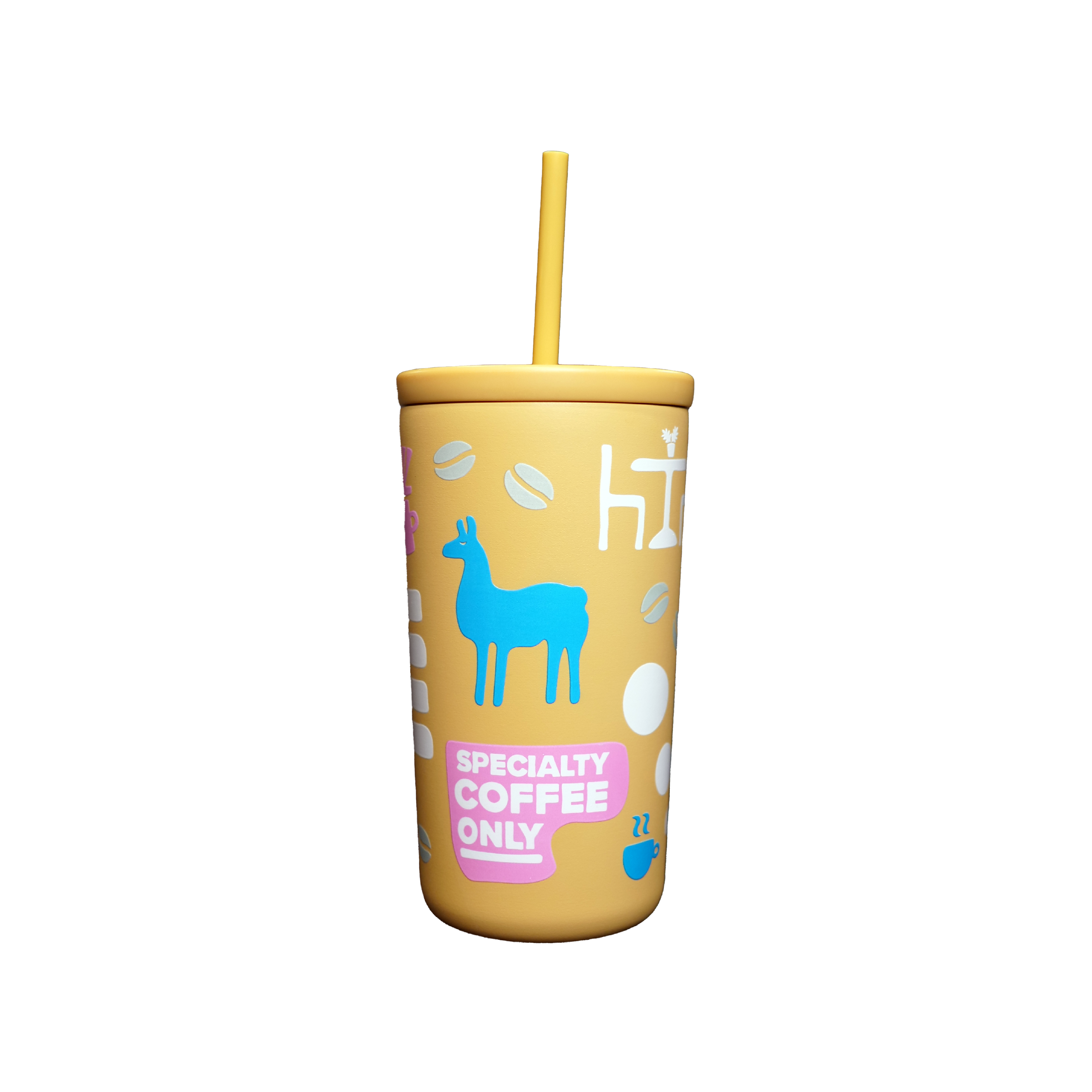 Image of yellow cold cup with colorful spring design