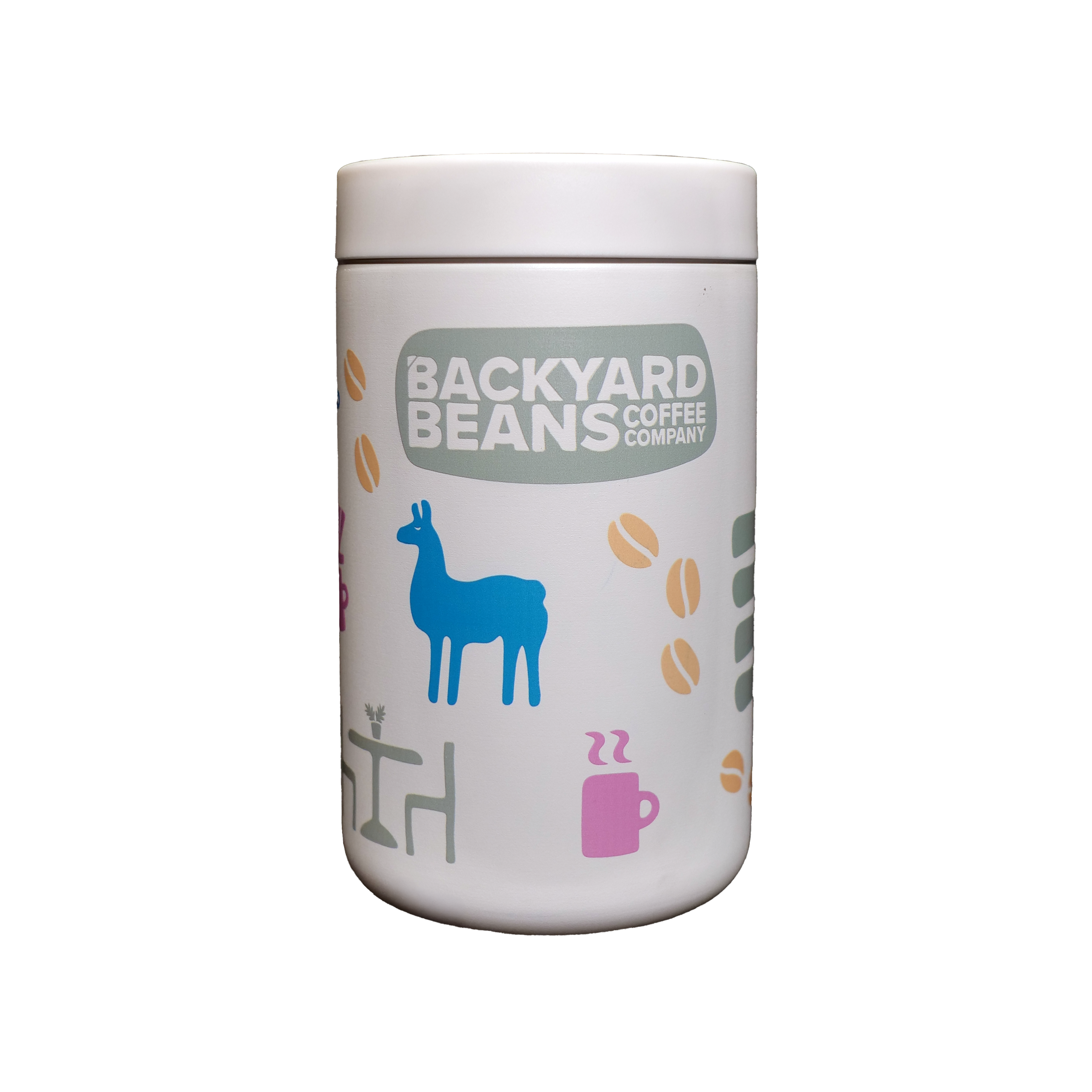 Image of white reserve canister with colorful spring design