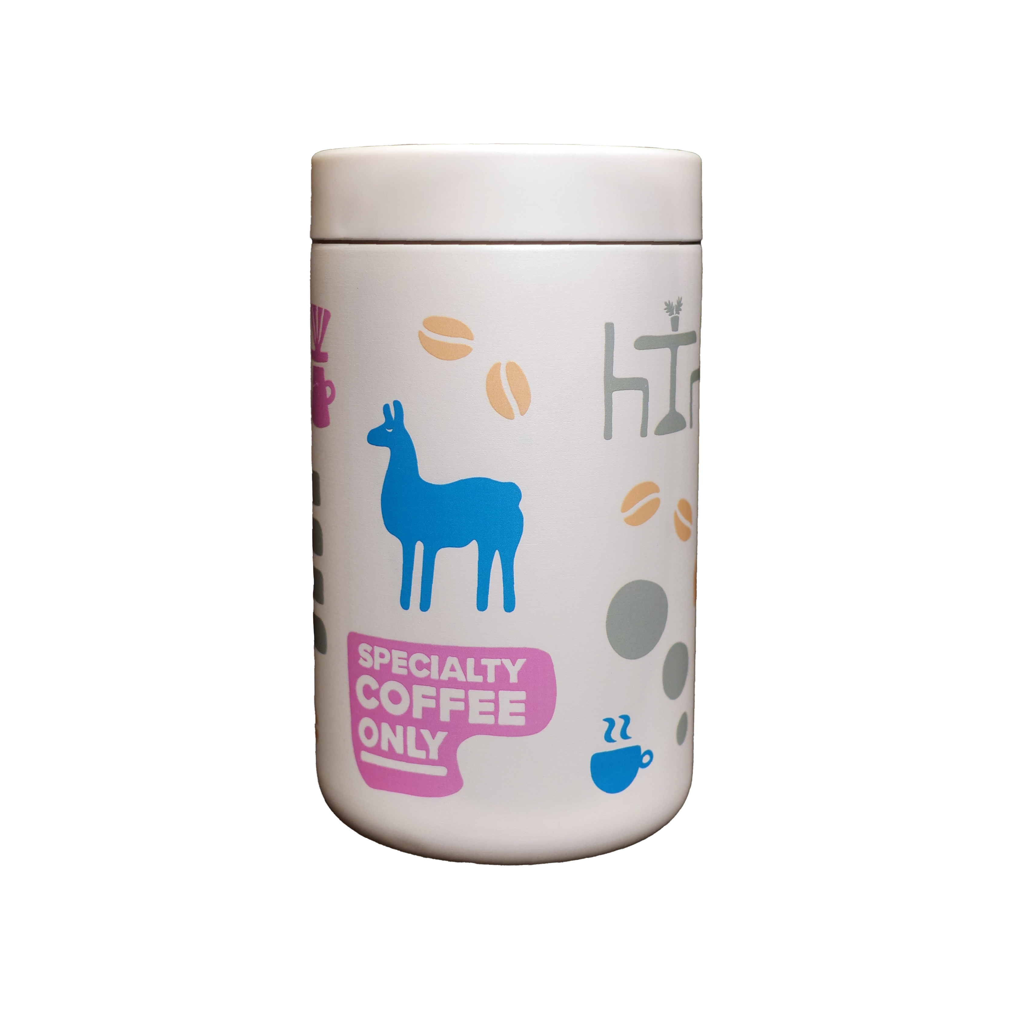 Image of white reserve canister with colorful spring design