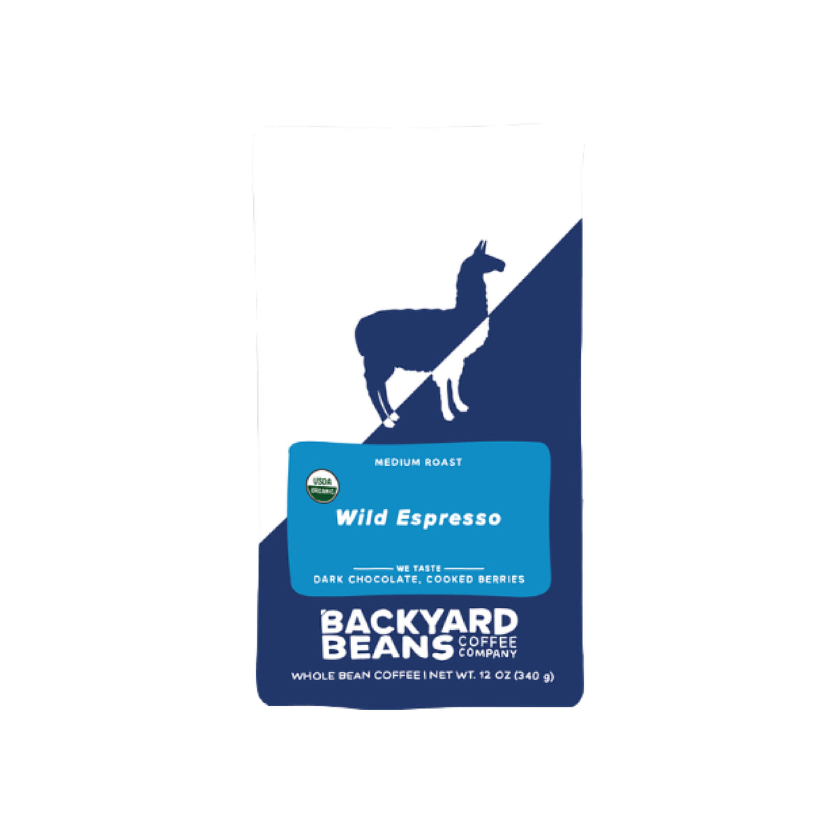 Image of Backyard Beans Coffee Company Wild Espresso medium roast coffee sticker, featuring a white and navy blue design with a silhouette of a llama and a blue label.