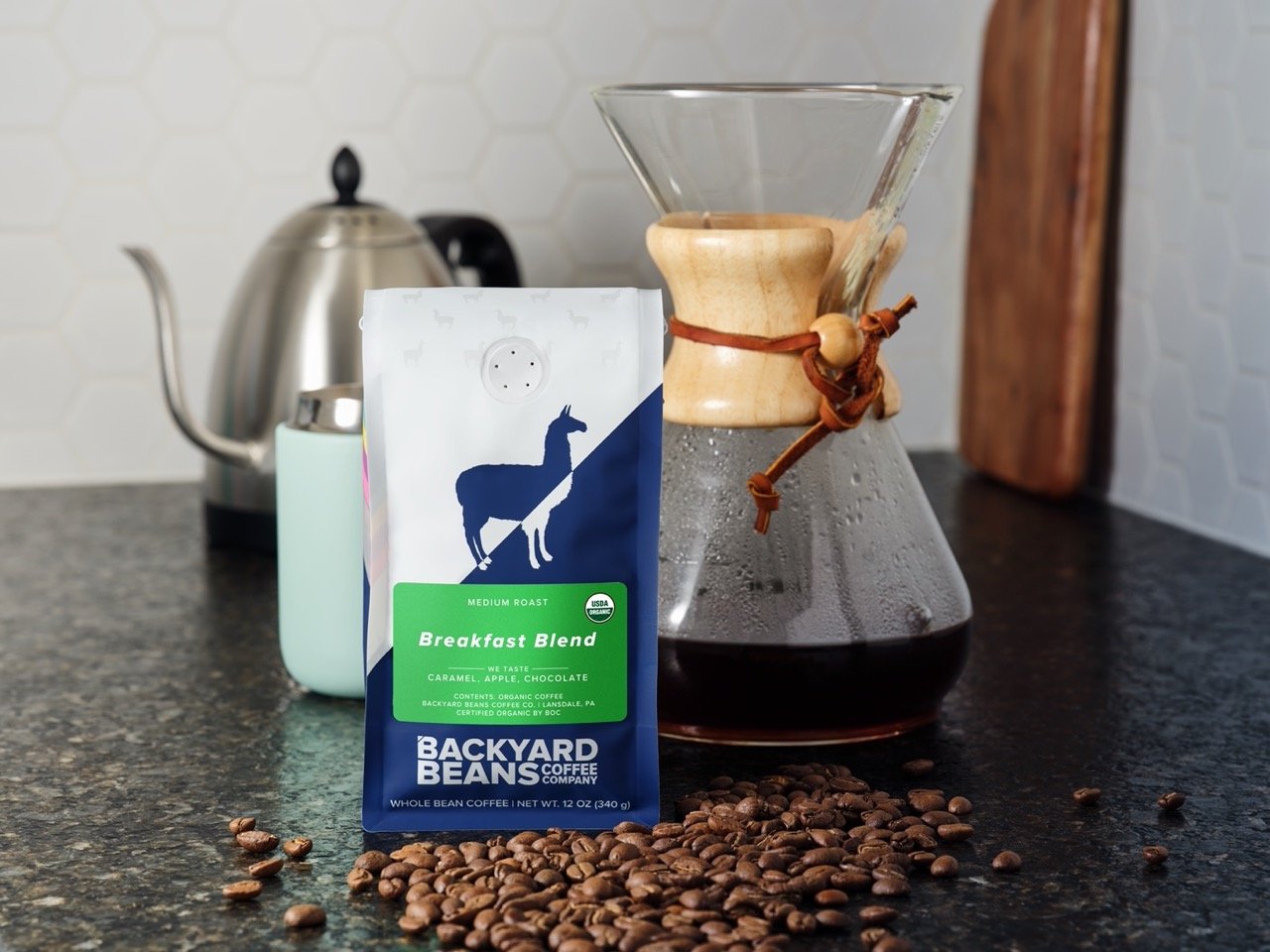 Image of Breakfast coffee bag and Chemex in kitchen.