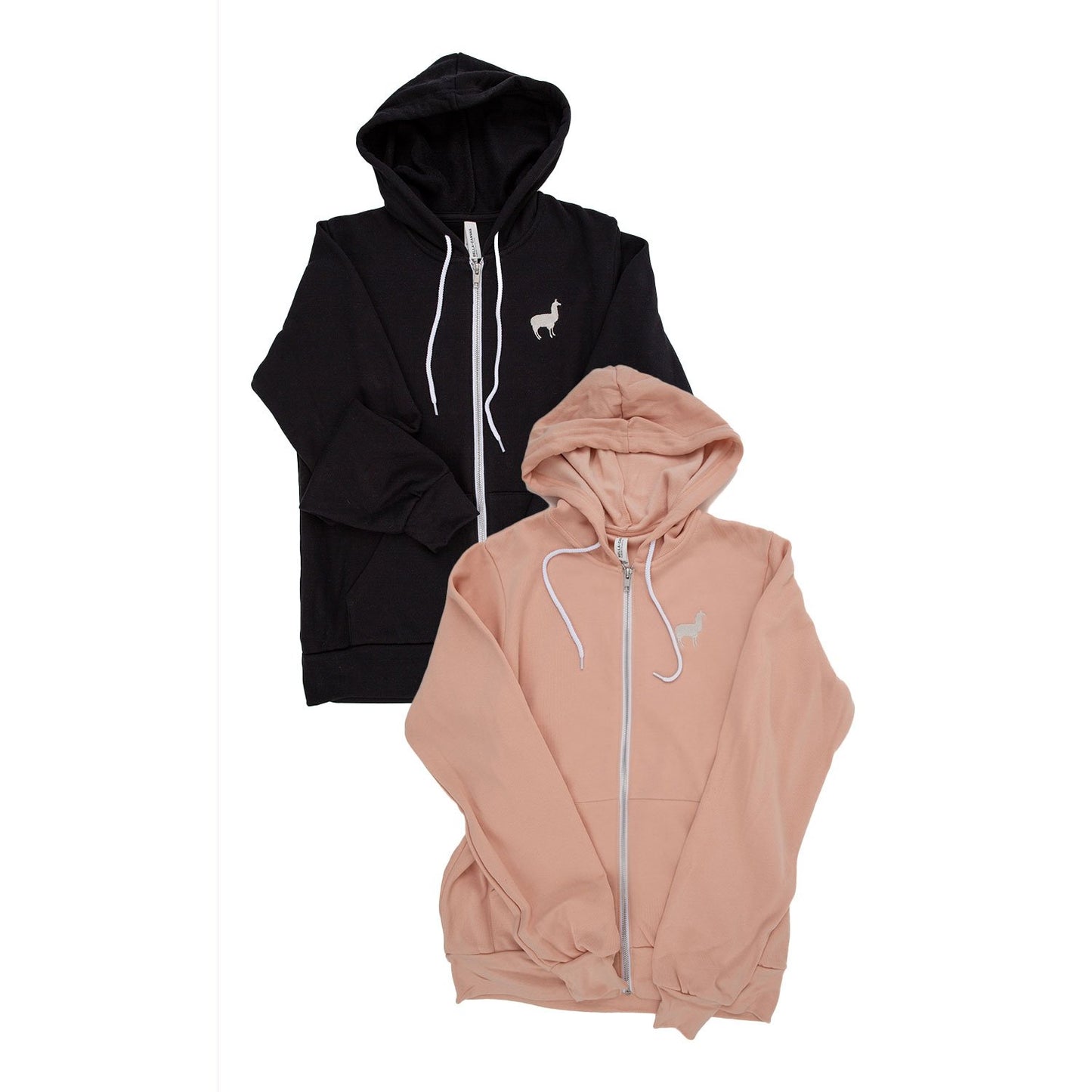 Image of black and peach Embroidered Llama Zip Up Hoodies.